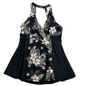Leilani Plus 18W Black Tropical Floral Swimdress Underwire H Back NWT